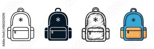 Set of four school backpack icons with a snowflake symbol, presented in various artistic styles including outline, solid glyph, hand-drawn sketch, and colorful flat design