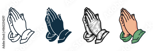 Set of four praying hands icons showing different artistic styles including line art, silhouette, engraving, and full color for religious or spiritual concepts