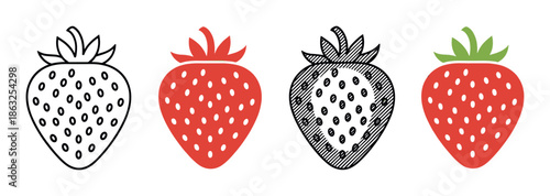 Set of four strawberry icons showing different graphic styles, including a simple black outline, a red silhouette, a hatched monochrome version, and a full color berry