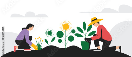 Two people gardening planting flowers and plants in a stylized landscape vector illustration