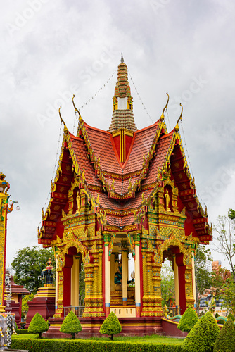 Intricately Decorated Thai Temple With Red Roofs, Gold Ornaments, And Elegant Spire Tower Zen Architecture. Wat Bang Thong in Krabi, Thailand
