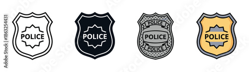 Set of four police badge icons presented in various graphic styles including outline, silhouette, detailed silver, and simple color for law enforcement concepts