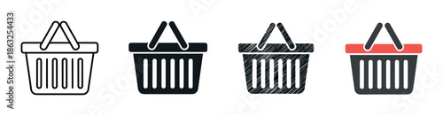 Set of four shopping basket icons in different graphic styles like line art, solid silhouette, sketch, and color for e-commerce and retail concepts