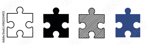 Set of four jigsaw puzzle piece icons with different graphic styles including outline, solid black silhouette, diagonal line pattern, and solid blue color for design elements