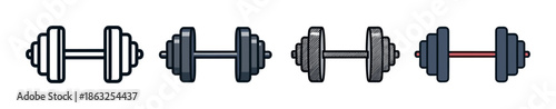 Four heavy dumbbell icons in a collection of different graphic styles, including simple line art, colored vector, and hand-drawn sketch for fitness and workout themes