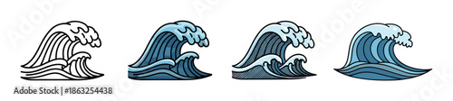 Set of four stylized ocean wave illustrations in various graphic styles including line art, hatching, and flat color, showing a powerful curling sea swell with white foam crests