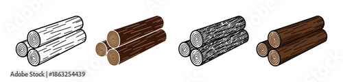 Set of four log pile icons showing different graphic styles including simple outline, flat color, and detailed texture for lumberjack or campfire themed design elements