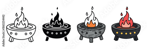 Set of four fire pit illustrations showing different styles including line art, silhouette, and color versions of a burning brazier with bright flames for outdoor camping themes