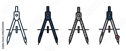 Set of four drawing compasses in different icon styles for geometry, architecture, and drafting, presented as a collection of technical drawing tools in a clean vector illustration