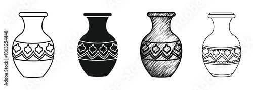 Set of four decorative ceramic vases with ethnic patterns shown in different artistic styles like outline, silhouette, and a hand-drawn sketch for an icon collection