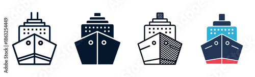 Set of four cruise ship icons in different graphic styles including line art, solid silhouette, and color flat design for travel and transportation concepts