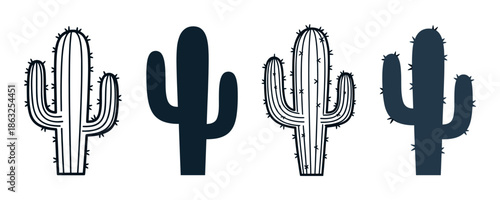 Set of four different saguaro cactus illustrations in a minimalist graphic style, featuring both solid silhouette shapes and detailed black and white line art drawings