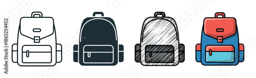 Set of four school backpack icons presented in various design styles, including a simple outline, a solid glyph, a hand-drawn sketch, and a vibrant color illustration