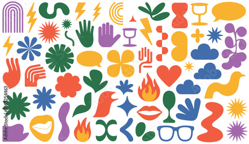 Vibrant Abstract Shapes and Symbols in a Playful Geometric Pattern Keywords: abstract, shapes, symbols, pattern, colorful, playful, geometric