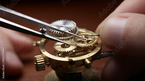 watchmaker. Watchmaker assembling tiny metallic gears on wooden workbench with tweezers. safety posters, maintenance manuals, designed for precision metalworking and fabrication facilities.
