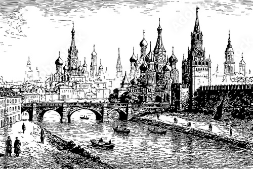 exquisite historical engraving depicts a panoramic view of Moscow’s iconic skyline, featuring the majestic spires and onion domes of Saint Basil's Cathedral and the Kremlin. Rendered in a highly detai