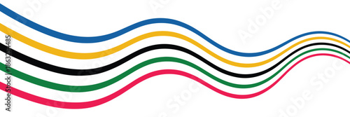Wavy Intersecting Ribbons in Olympic Colors on White Background Keywords: wavy, ribbons, intersecting, Olympic colors, blue, yellow, black, green