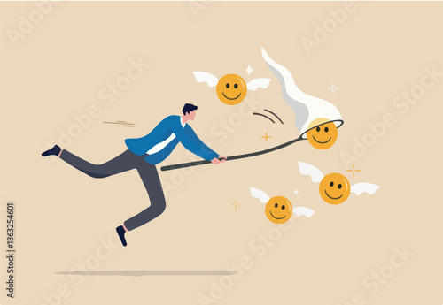 Pursuit of happiness, finding true life success, positive thinking or optimistic, feeling bless, humor or joyful concept, cheerful man catch smiling face with butterfly net metaphor of happiness.