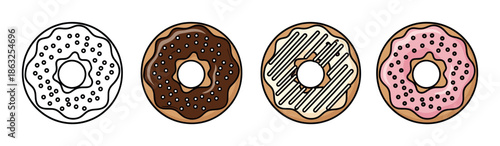 Assortment of four sweet donuts shown as a vector illustration, including a black and white outline and three colored versions with chocolate, vanilla, and pink frosting