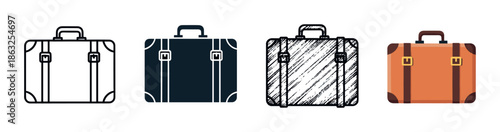 Set of four vintage suitcase icons showing different artistic styles including simple line art, a solid glyph, a hand-drawn sketch, and a classic brown color illustration