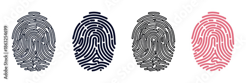 Set of four unique fingerprint illustrations with varied line weights and colors, symbolizing personal identification, cybersecurity, forensic science, and biometric technology