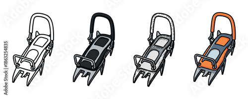Set of four mountaineering crampon illustrations showing different styles, from simple line art to a full color version for ice climbing and winter sports equipment