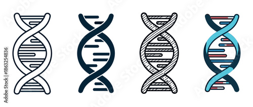 DNA helix icons in four different styles including outline, solid, hand-drawn sketch, and color, presented as a collection of scientific symbols
