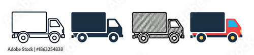 Set of four delivery truck icons in various graphic styles including outline, silhouette, hand-drawn, and flat color for logistics and transportation concepts