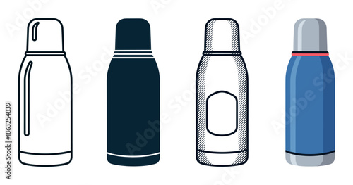 Set of four thermos flask illustrations in different artistic styles, including a simple outline, a solid silhouette, a hand-drawn sketch, and a flat color vector graphic