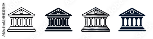 Set of four classical building icons with columns and pediments, showcasing various graphic styles including outline, solid silhouette, and a detailed hand-drawn engraved version