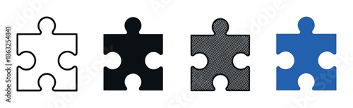 Set of four puzzle piece icons showing different design styles including outline, solid black, hatched pattern, and blue color fill for graphic design elements