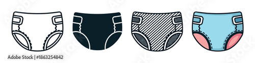 Set of four baby diaper icons showing different graphic styles including simple line art, a solid glyph, a striped pattern, and a full color cartoon illustration