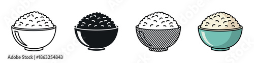 Set of four rice bowl icons in various graphic styles including outline, silhouette, and color, representing a simple meal of cooked grains for a healthy diet