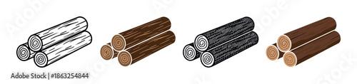 Set of four log pile icons showing different artistic styles including line art, flat color, and textured black and white for graphic design and web elements