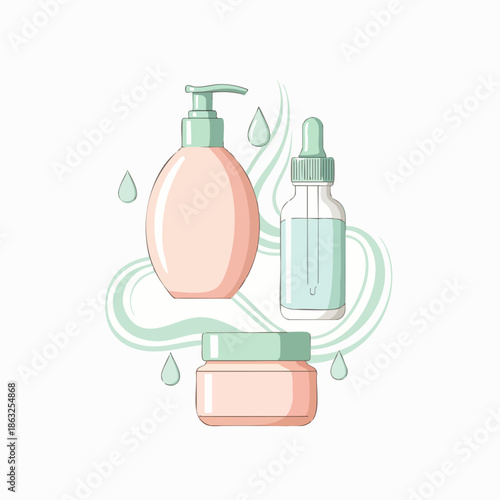 Skincare products set: lotion bottle, serum dropper bottle, and cream jar with water drops and wavy lines