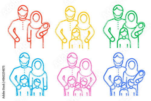 Hand drawn Muslim family illustration in marker style. Colorful parents with children drawn felt tip lines. Happy childlike Islamic family concept showing mother, father and children.