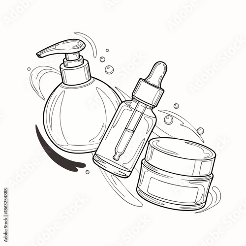 Line art illustration of skincare products: serum bottle, pump dispenser, and cream jar with splashing water effect