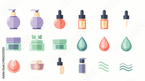 Collection of minimalist flat design cosmetic and skincare product icons. Includes pump bottles, dropper bottles, cream jars, and liquid drops for beauty and personal care.