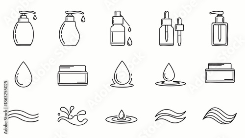 Line art vector icons for cosmetics, skincare, and beauty. Features bottles, droppers, cream jars, water drops, and waves.