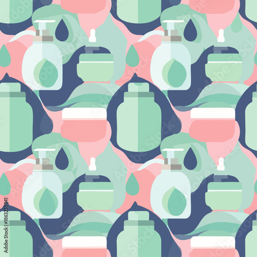 Seamless flat design pattern of skincare bottles and jars with pastel colors, perfect for beauty and cosmetic backgrounds.