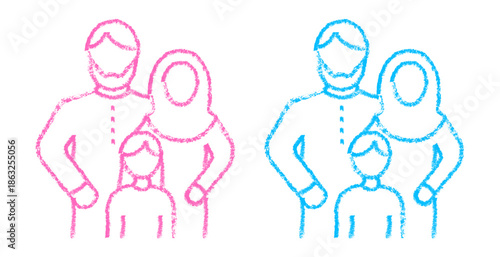 Chalk drawn Muslim family. Hand sketched parents with daughter and son. Pastel crayon chalk texture Islamic family icons in simple poses.