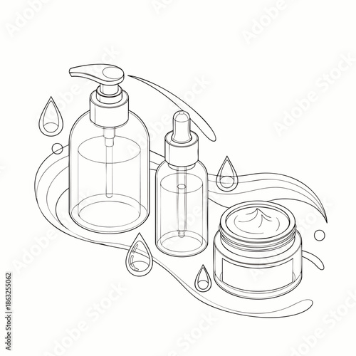 Isometric line art of cosmetic skincare products: pump bottle, dropper serum, and cream jar with water drops, representing beauty, hydration, and natural care.