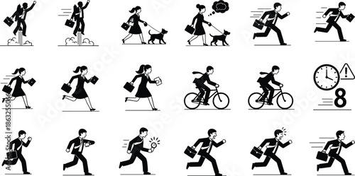 Business commuting vector icon set featuring office workers running cycling walking and using jetpacks on a white background.