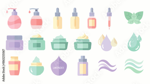 Flat vector illustration set of pastel colored skincare and cosmetic products, including lotions, creams, serums, and natural ingredients. Beauty and personal care icons.