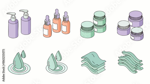 Isometric Skincare and Cosmetic Product Icons Set: Beauty essentials with lotion bottles, serum droppers, cream jars, water drops, and aloe vera.