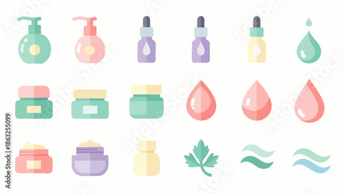 Flat design vector icons of natural skincare and beauty products. Collection of cosmetic bottles, jars, drops, and organic elements in soft pastel colors.
