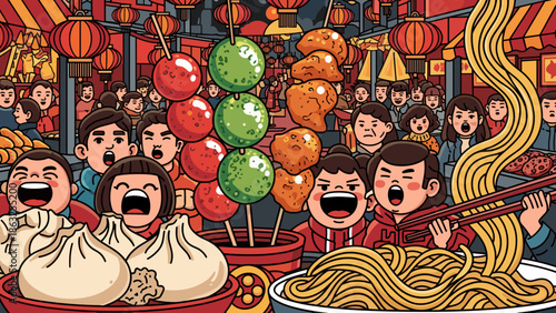 Excited Crowd and Children at a Lunar New Year Market, Close Up of Skewers, Dumplings, and Noodles