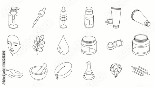 Collection of cosmetic and skincare product icons in a clean outline style, perfect for beauty blogs and brands