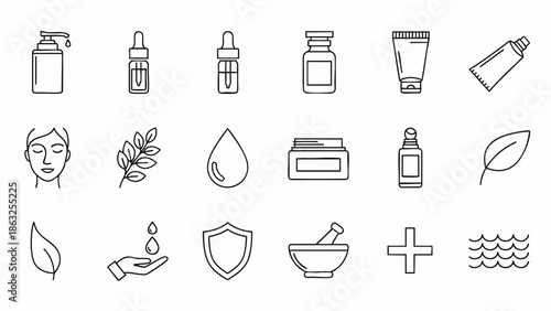 Set of cosmetic and skincare icons, including bottles, creams, droppers, leaves, and facial elements, for beauty and wellness concepts.