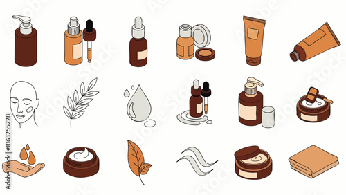 Natural Skincare & Organic Beauty Product Vector Icons. Flat Line Art Illustrations of Cosmetics, Serums, Creams, Plant-Based Ingredients for Wellness & Self-Care.